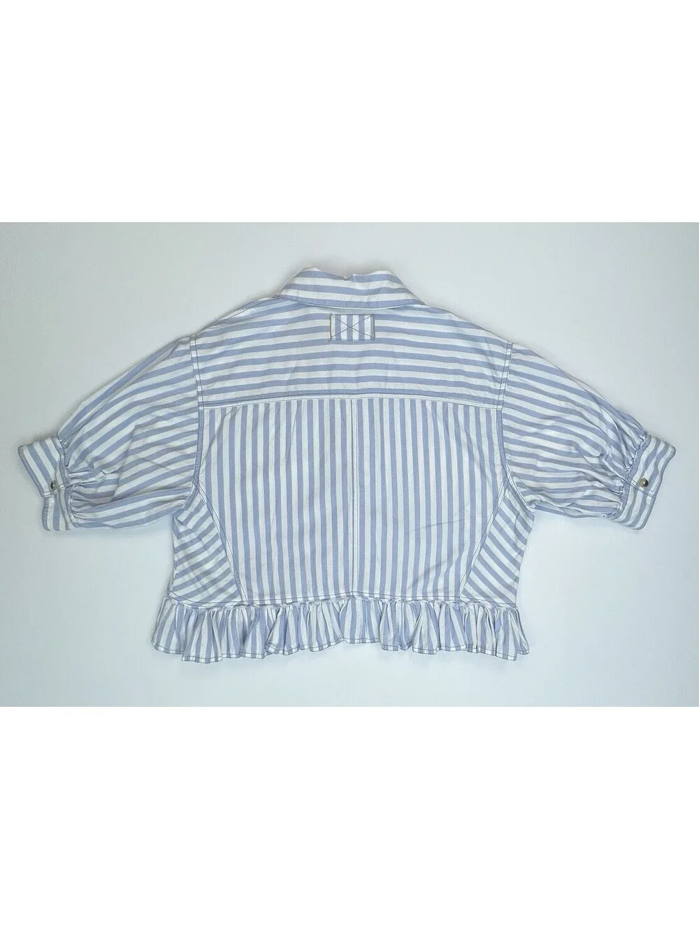 Free People We The Free Bailey Stripe Shirt Blue Cropped Ruffle Blouse XS - Picture 4 of 8